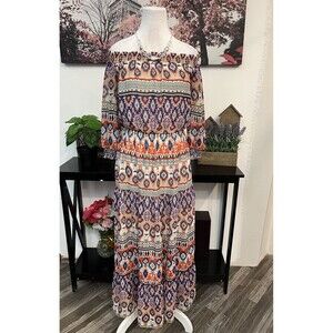 New York & Company Women Blouson Long Dress XS off shoulder  AZTEC PRINT
